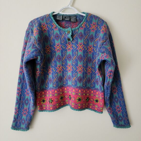 Lizwear Sweaters - Vintage LizWear Womens Cotton Knit Cardigan Size PM Sweater Fair Isle Beaded